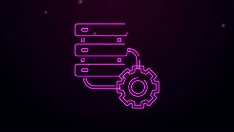 Glowing neon line Server and gear icon isolated on black background. Adjusting Stock Footage 144450333
