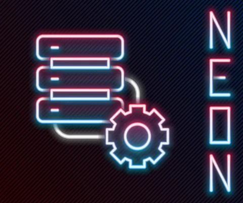 Glowing neon line Server and gear icon isolated on black background. Adjusting Illustrazione stock