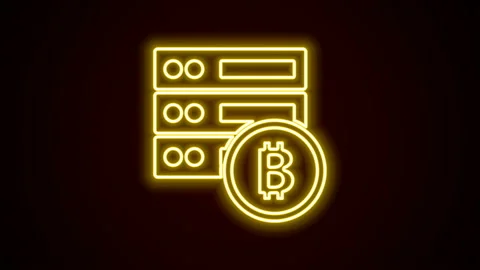 Glowing neon line Server bitcoin icon isolated on black background. 4K Video Stock Footage 142545734
