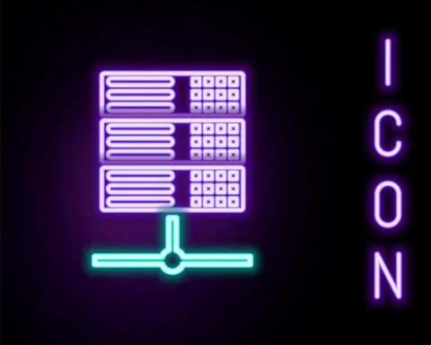 Glowing neon line Server, Data, Web Hosting icon isolated on black background Illustrazione stock