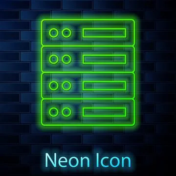 Glowing neon line Server, Data, Web Hosting icon isolated on brick wall Stock Illustration