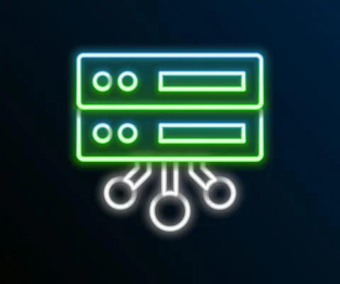 Glowing neon line Server, Data, Web Hosting icon isolated on black background Illustrazione stock