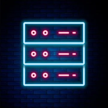 Glowing neon line Server, Data, Web Hosting icon isolated on brick wall Stock Illustration