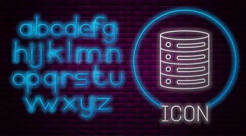 Glowing neon line Server, Data, Web Hosting icon isolated on brick wall Illustrazione stock