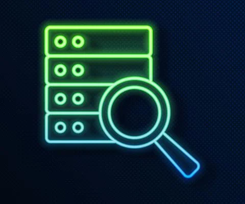 Glowing neon line Server, Data, Web Hosting icon isolated on blue background Stock Illustration