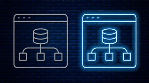 Glowing neon line Server, Data, Web Hosting icon isolated on brick wall Illustrazione stock