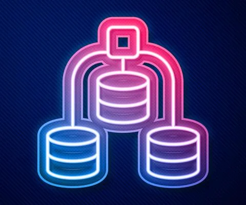 Glowing neon line Server, Data, Web Hosting icon isolated on blue background Illustrazione stock