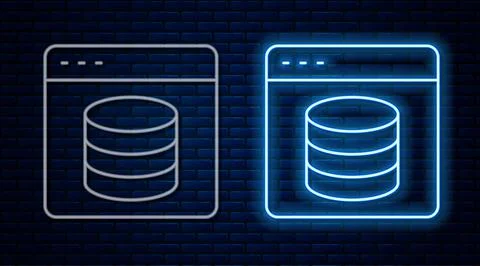 Glowing neon line Server, Data, Web Hosting icon isolated on brick wall Illustrazione stock