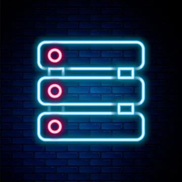 Glowing neon line Server, Data, Web Hosting icon isolated on brick wall Illustrazione stock