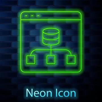 Glowing neon line Server, Data, Web Hosting icon isolated on brick wall Illustrazione stock