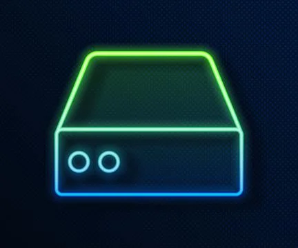Glowing neon line Server, Data, Web Hosting icon isolated on blue background Stock Illustration
