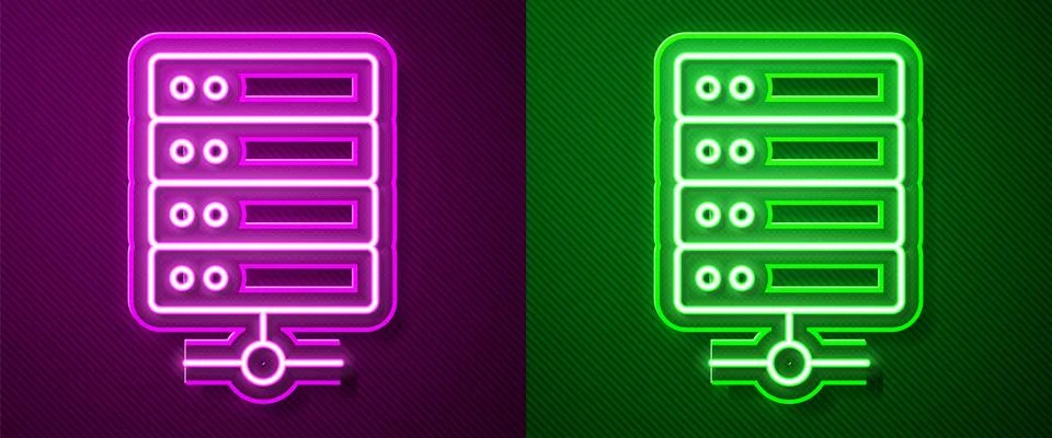 Glowing neon line Server, Data, Web Hosting icon isolated on purple and green Illustrazione stock