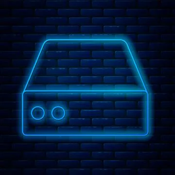 Glowing neon line Server, Data, Web Hosting icon isolated on brick wall Illustrazione stock