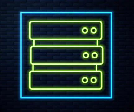 Glowing neon line Server, Data, Web Hosting icon isolated on brick wall Illustrazione stock