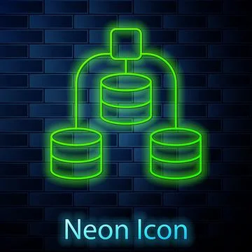 Glowing neon line Server, Data, Web Hosting icon isolated on brick wall backg Stock Illustration