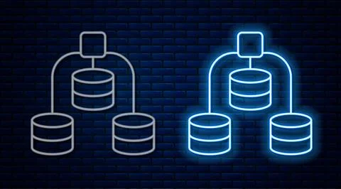 Glowing neon line Server, Data, Web Hosting icon isolated on brick wall bac.. Illustrazione stock