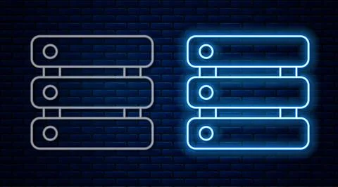 Glowing neon line Server, Data, Web Hosting icon isolated on brick wall bac.. Illustrazione stock