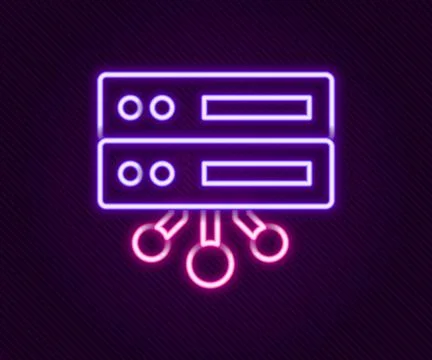 Glowing neon line Server, Data, Web Hosting icon isolated on black backgrou.. 스톡 일러스트