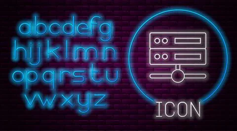 Glowing neon line Server, Data, Web Hosting icon isolated on brick wall bac.. 库存插图