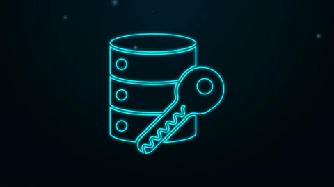 Glowing neon line Server security with key icon isolated on black background Stock Footage 139648248
