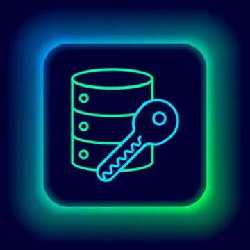 Glowing neon line Server security with key icon isolated on black background Stock Illustration