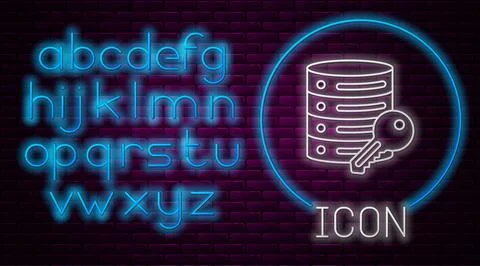 Glowing neon line Server security with key icon isolated on brick wall back.. Stock Illustration