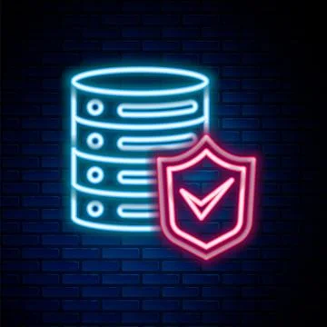 Glowing neon line Server with shield icon isolated on brick wall background Stock Illustration
