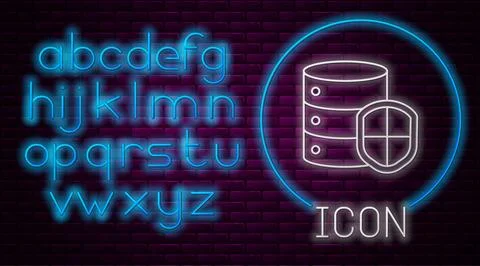 Glowing neon line Server with shield icon isolated on brick wall background.. Stock Illustration