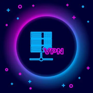 Glowing neon line Server VPN icon isolated on black background. Colorful outline 스톡 일러스트