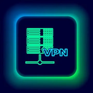 Glowing neon line Server VPN icon isolated on black background. Colorful outline Illustrazione stock