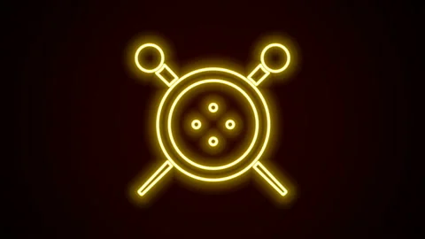 Glowing neon line Sewing button and knitting needles icon isolated on black Stock Footage 142607076