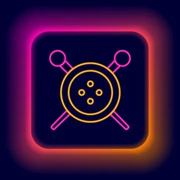 Glowing neon line Sewing button and knitting needles icon isolated on black.. Stock Illustration