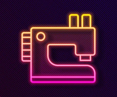 Glowing neon line Sewing machine icon isolated on black background. Vector Stock Illustration