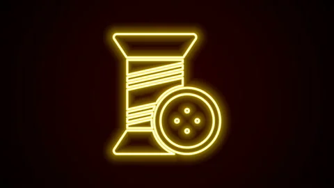 Glowing neon line Sewing thread on spool and button icon isolated on black Stock Footage 142606759