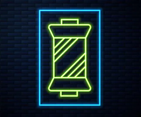 Glowing neon line Sewing thread on spool icon isolated on brick wall background Stock Illustration