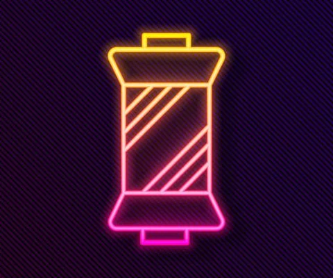 Glowing neon line Sewing thread on spool icon isolated on black background. Yarn Stock Illustration