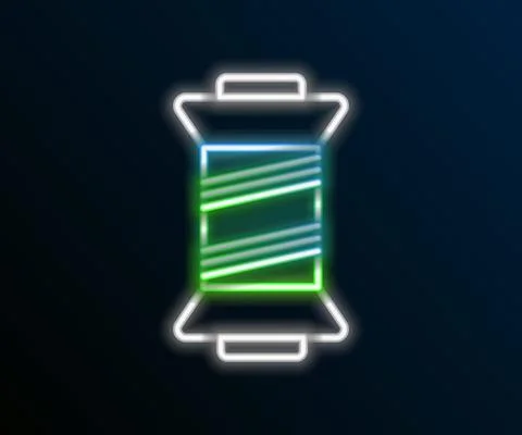 Glowing neon line Sewing thread on spool icon isolated on black background. Yarn Stock Illustration