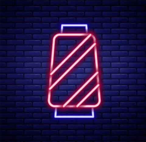 Glowing neon line Sewing thread on spool icon isolated on brick wall background Illustrazione stock