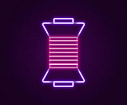 Glowing neon line Sewing thread on spool icon isolated on black background... Stock Illustration