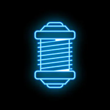 Glowing neon line sewing thread spool icon isolated on black background. Yarn Stock Illustration