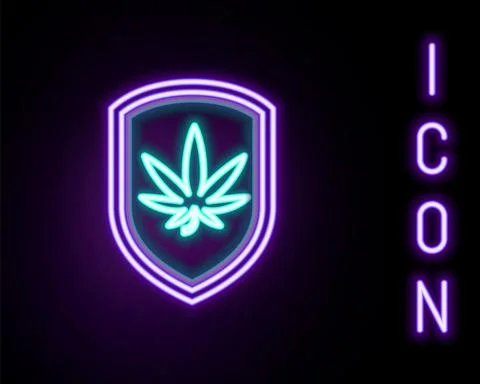 Glowing neon line Shield and marijuana or cannabis leaf icon isolated on black Stock Illustration