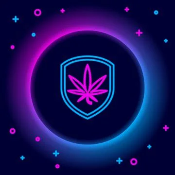 Glowing neon line Shield and marijuana or cannabis leaf icon isolated on blac Stock Illustration