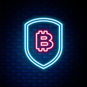 Glowing neon line Shield with bitcoin icon isolated on brick wall background Stock Illustration