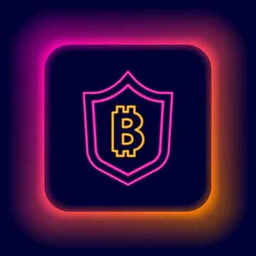 Glowing neon line Shield with bitcoin icon isolated on black background. Cr.. Stock Illustration