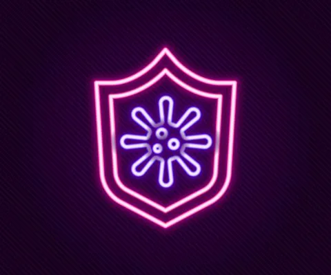 Glowing neon line Shield protecting from virus, germs and bacteria icon isolated Stock Illustration