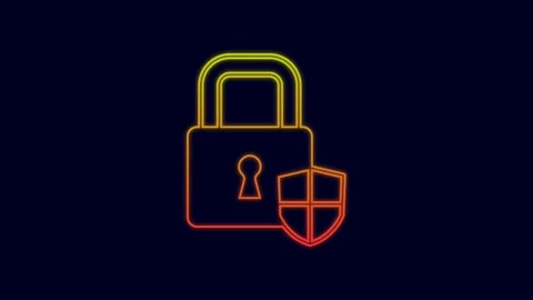 Glowing neon line Shield security with lock icon isolated on blue background Stock Footage 227268890