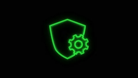 Glowing neon line Shield with settings gear icon isolated on black background Stockbeeldmateriaal 156133840