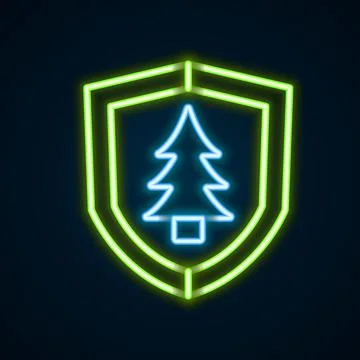 Glowing neon line Shield with tree icon isolated on black background. Eco Stock Illustration