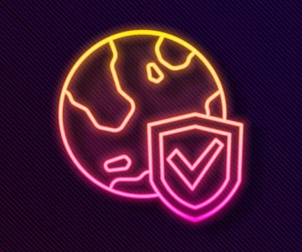Glowing neon line Shield with world globe icon isolated on black background.. Stock Illustration