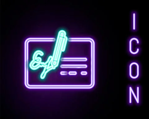 Glowing neon line Signed document line icon isolated on black background. Pen Stock Illustration